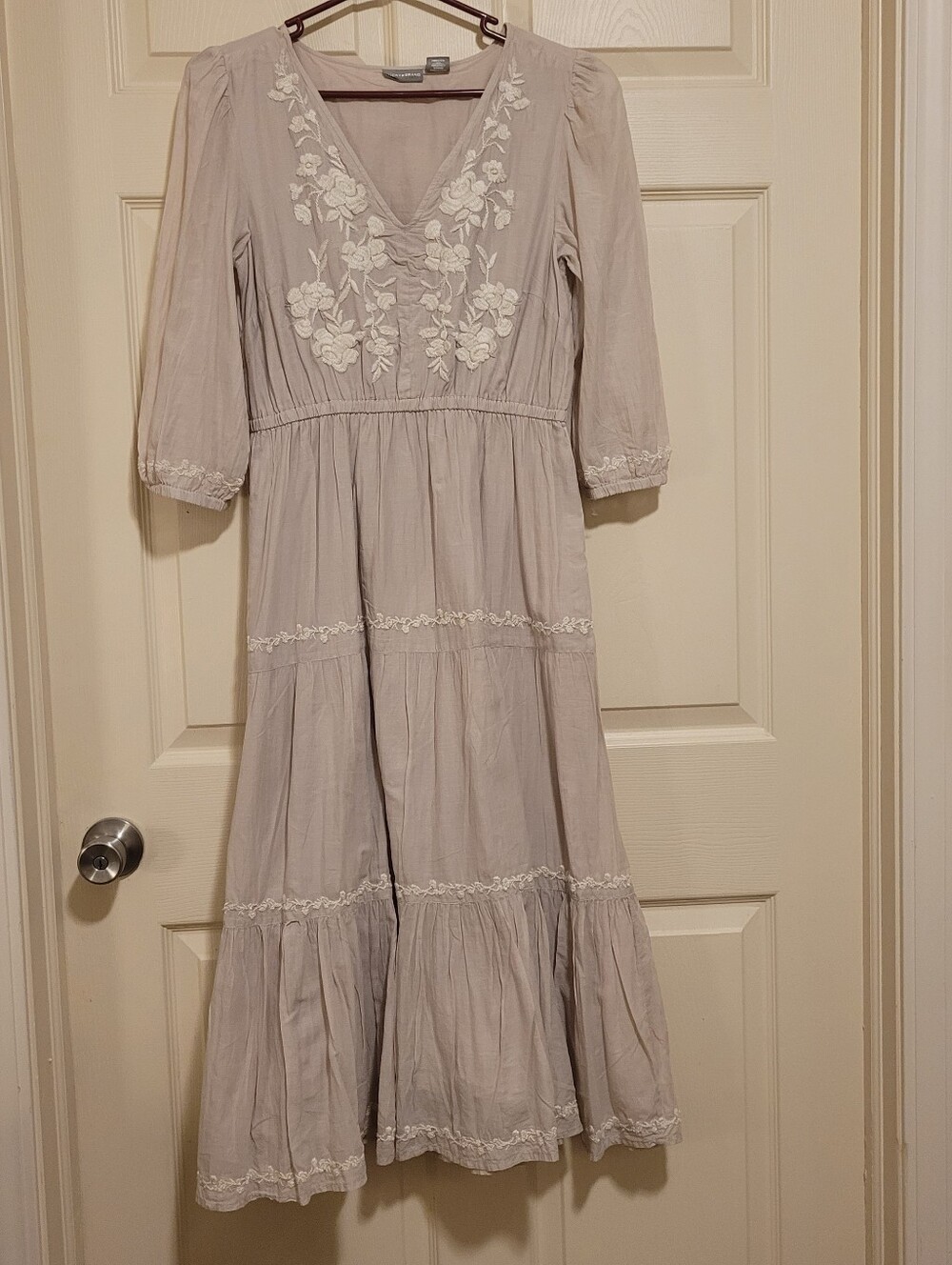 Lucky Brand Women Floral Embroidered V-Neck Boho Maxi Dress Small Cream Cotton